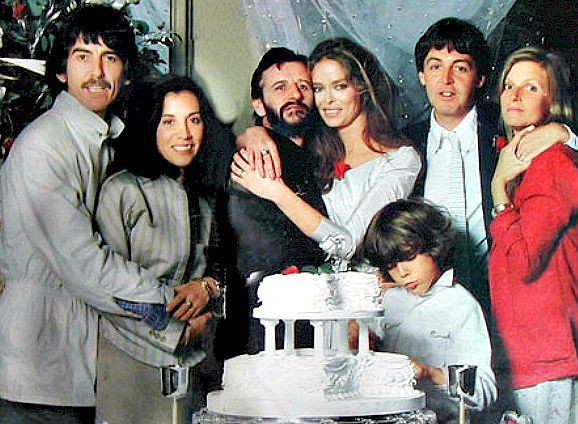 Harrison, Starr and McCartney with their wives at Ringo's wedding on April 27, 1981 